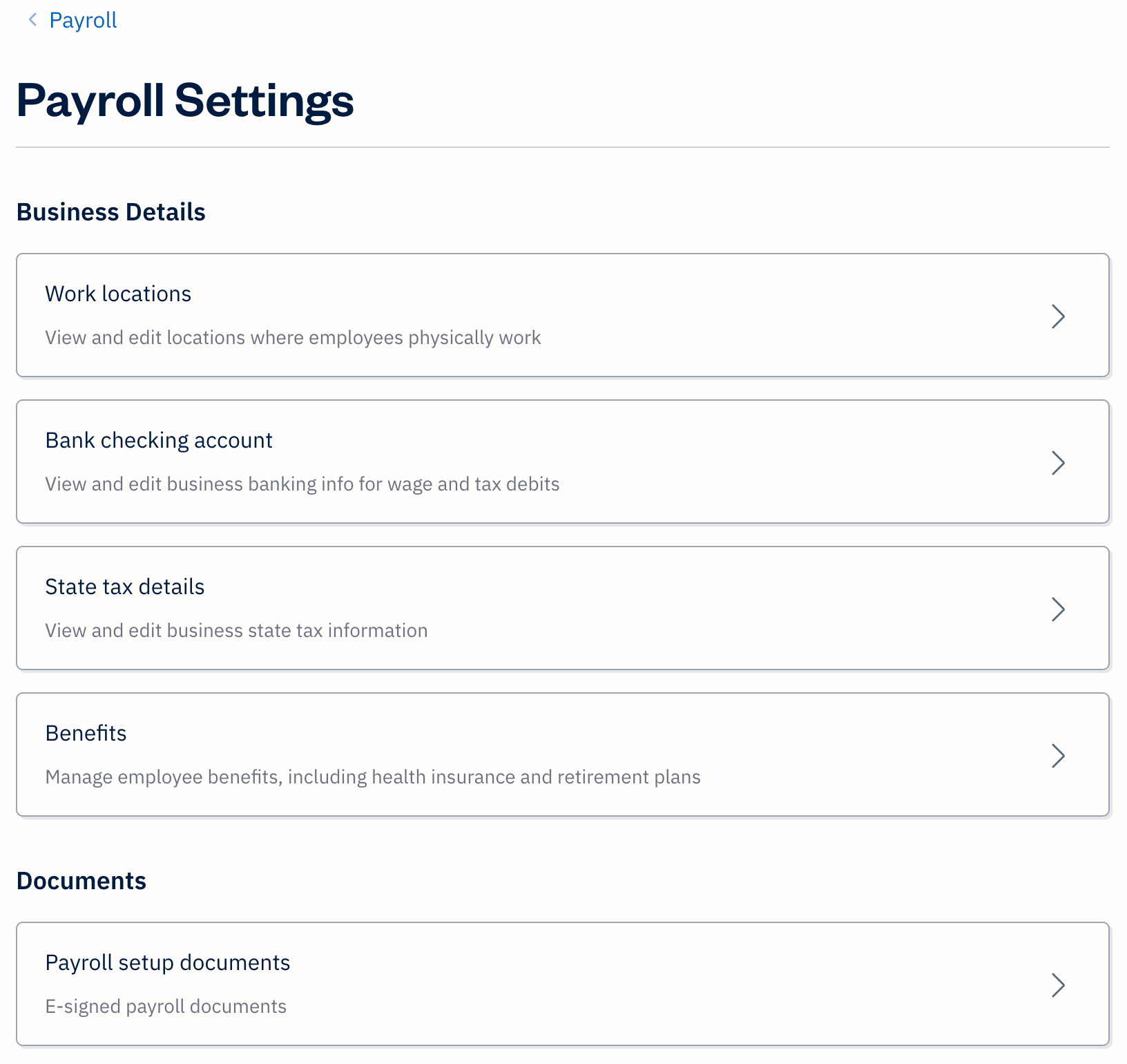 List of payroll settings.