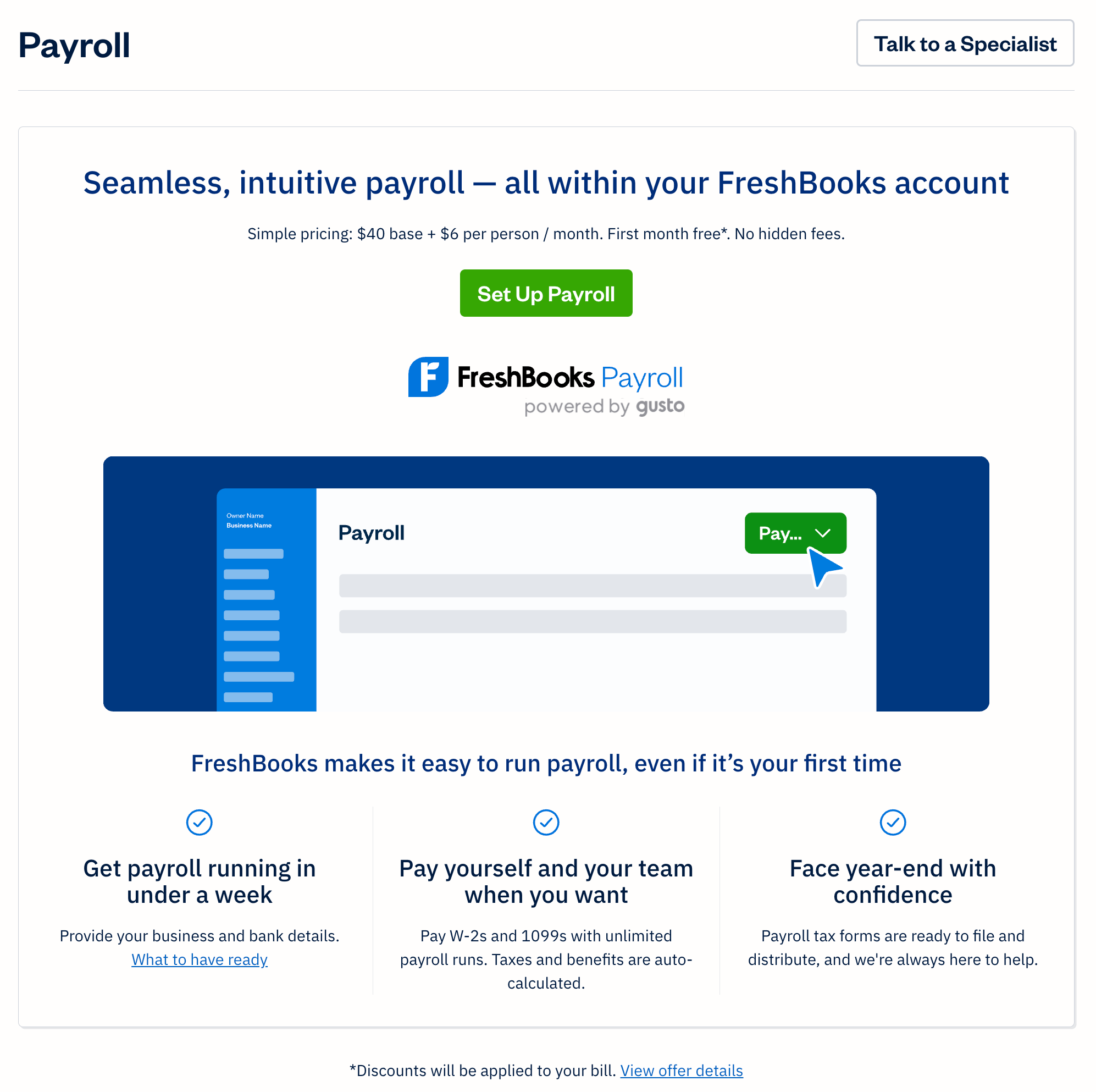FreshBooks payroll screen with get started button.