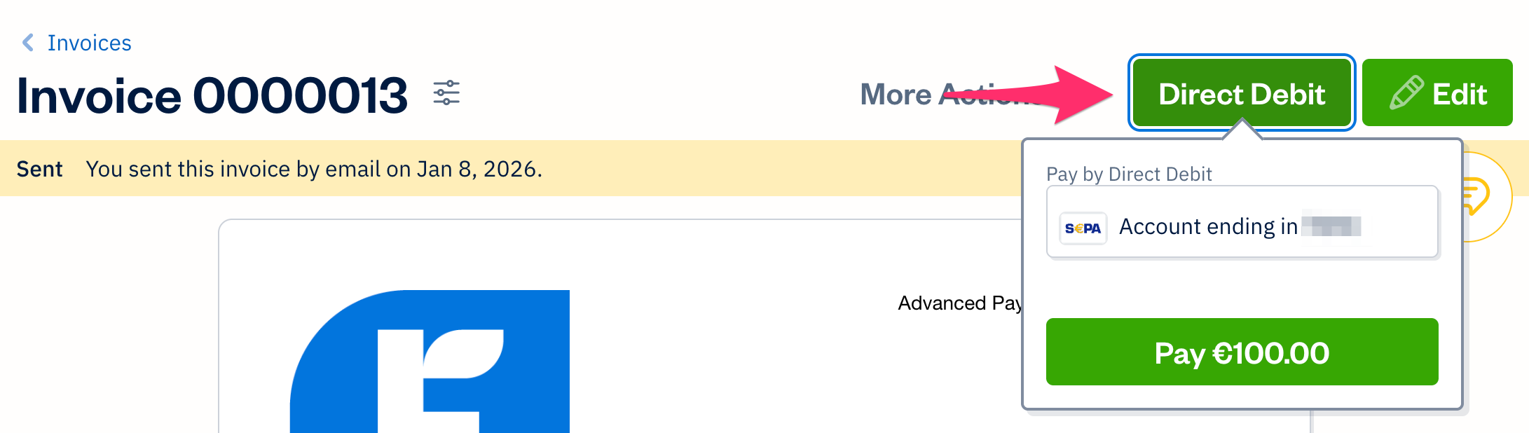 Direct debit button above invoice.