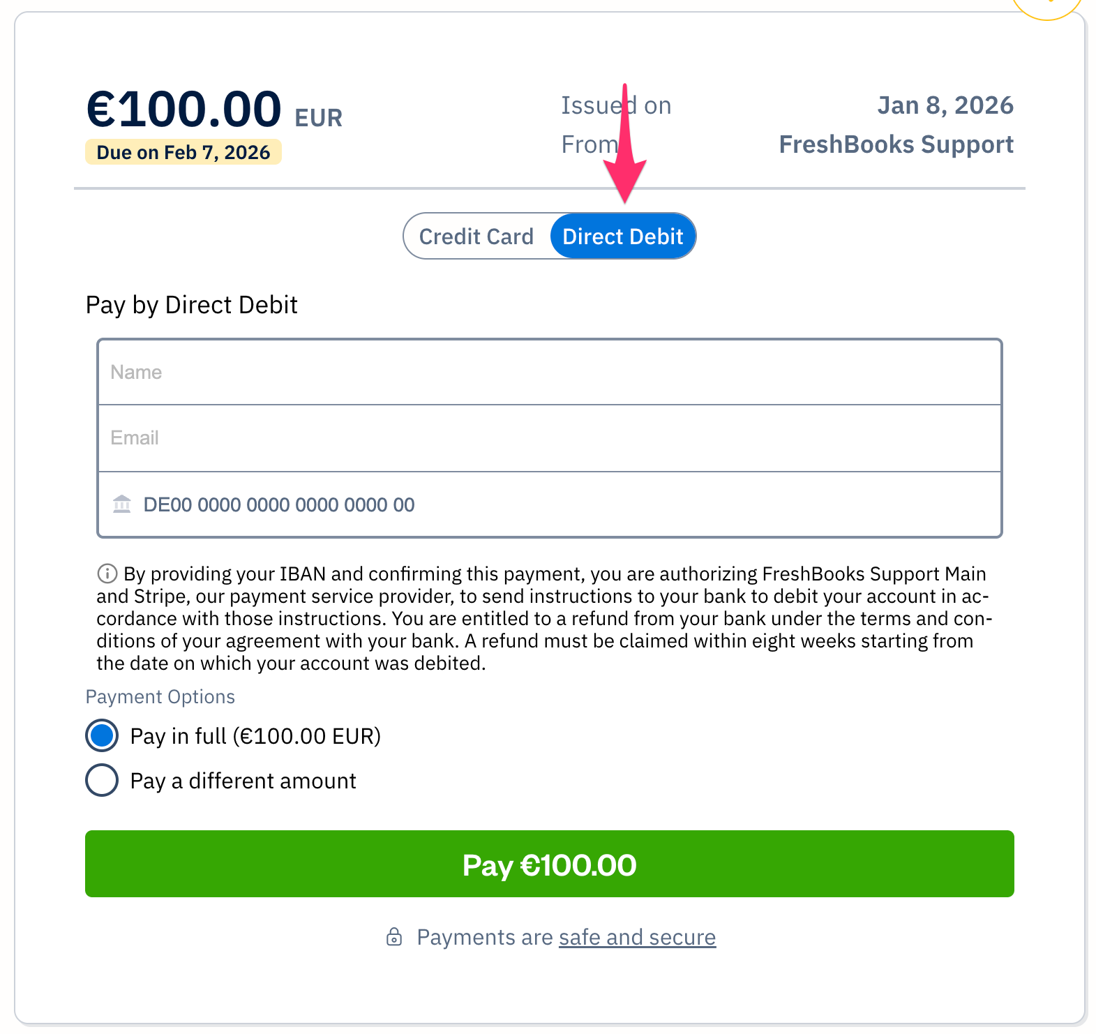 Direct debit tab on payment form of invoice.