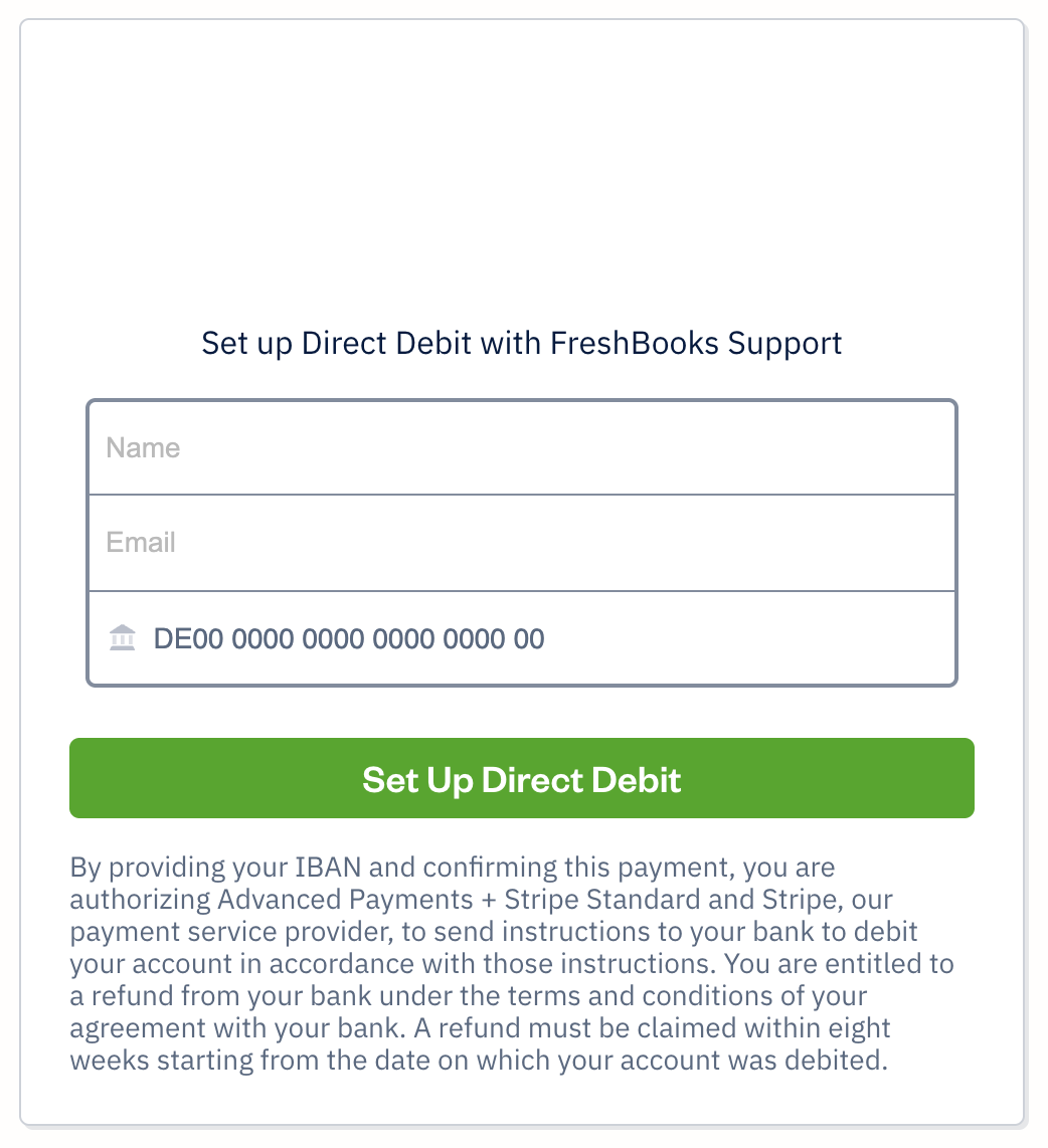 Set up direct debit form with fields to fill out.