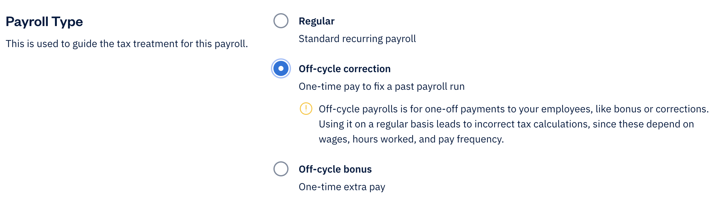 Payroll type with off-cycle correction selected.