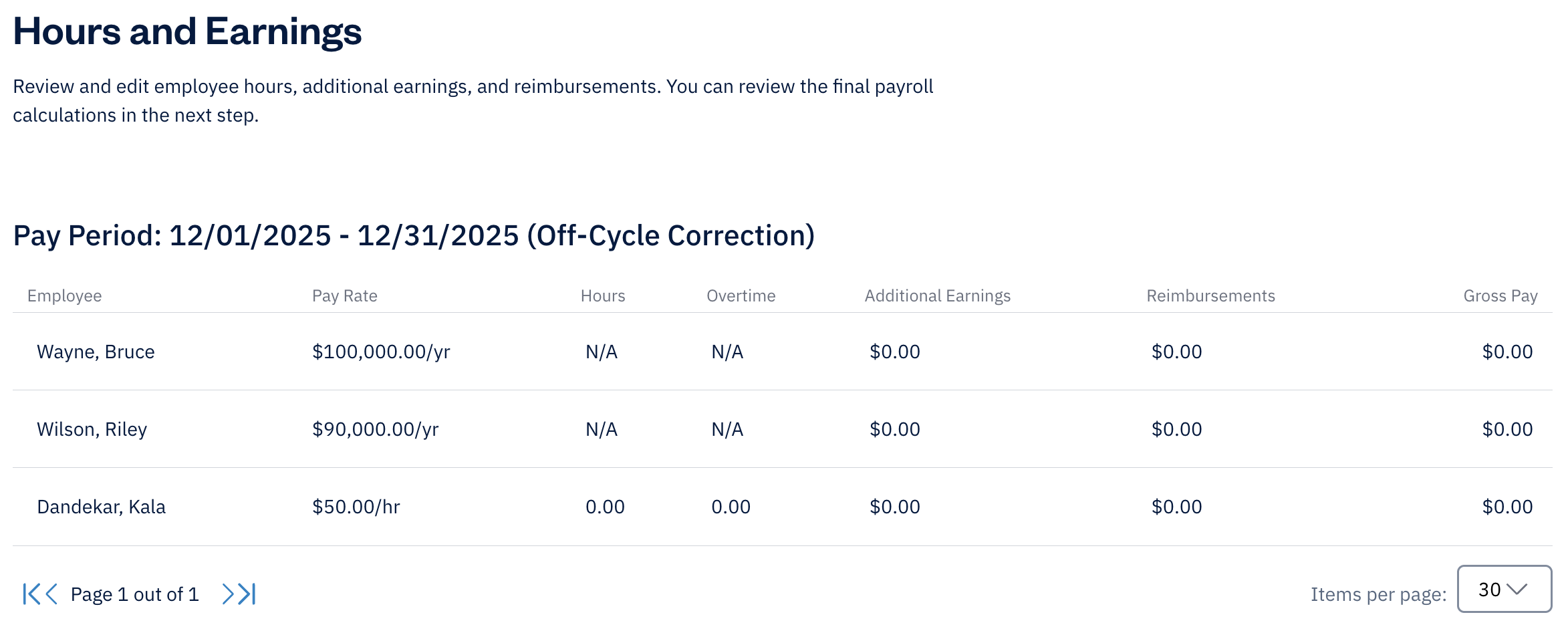 Hours and earnings with three employees' pay period information listed.