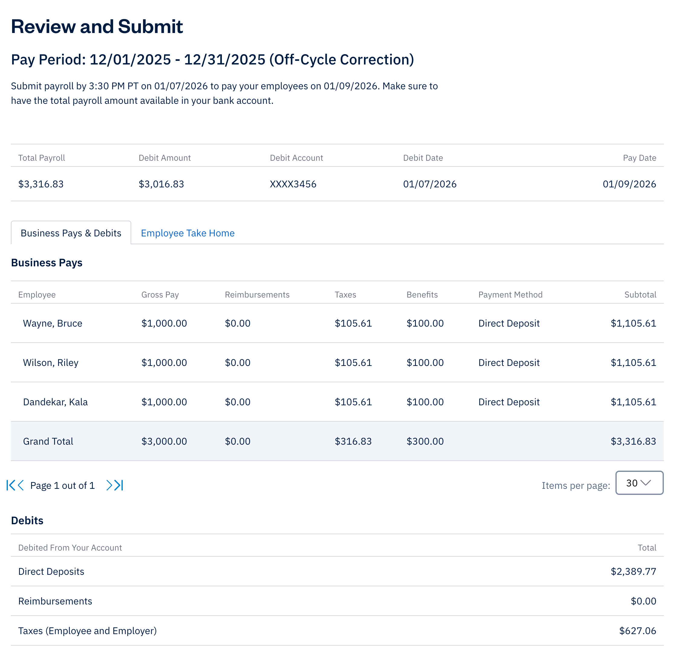 Review and submit section with details of off-cycle payroll run displayed.