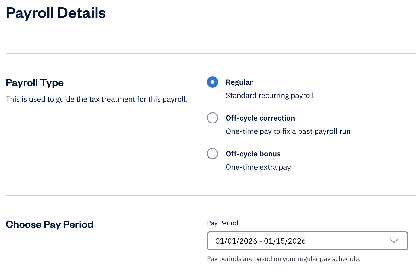 Pay period section with dropdown to choose a pay period.