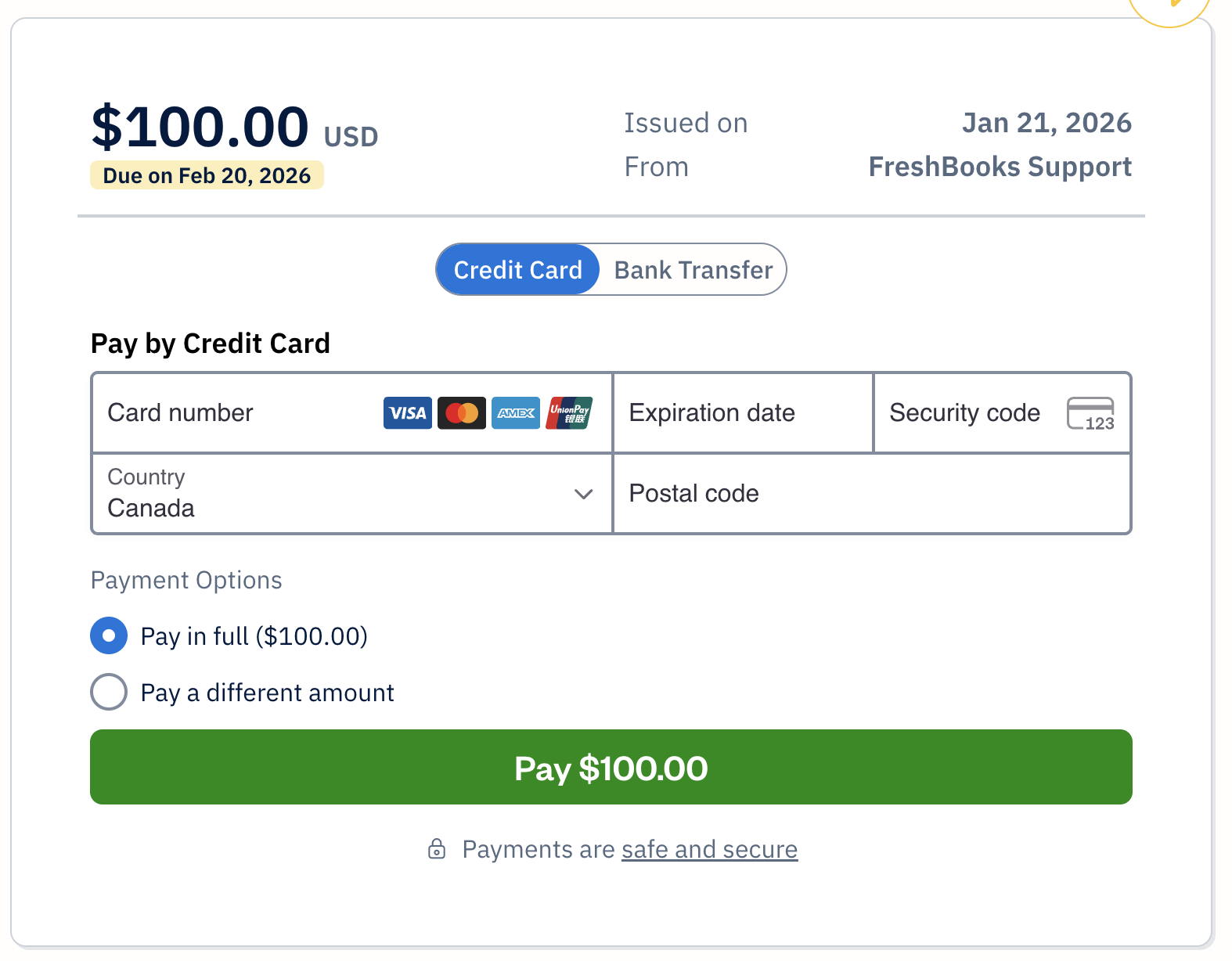 Form to fill out for credit card details.