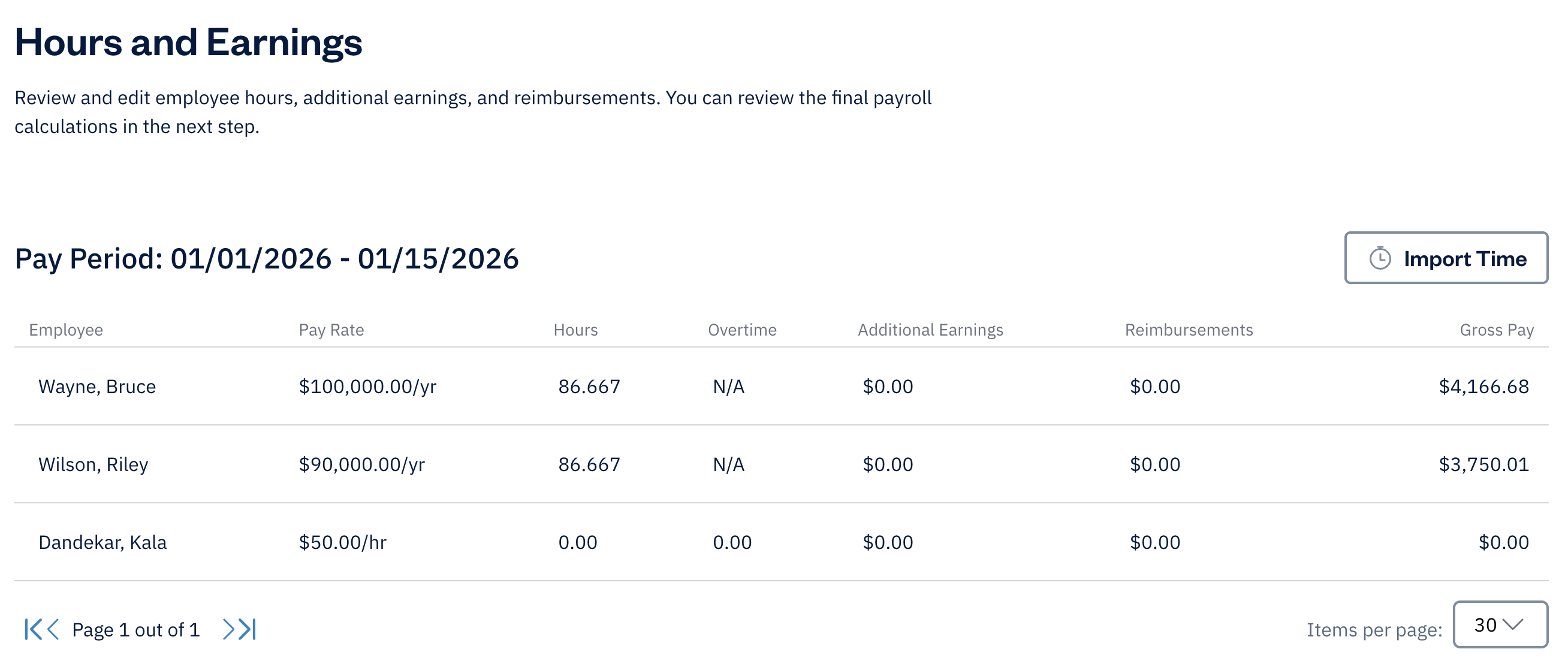 Hours and earnings section with list of employees and their earnings.