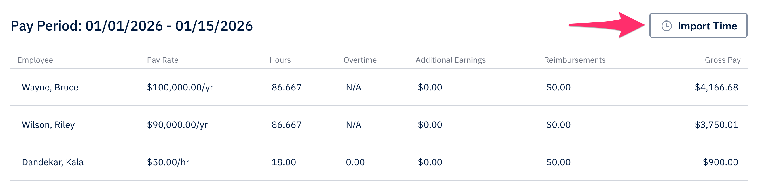 Import time button above list of employees in pay period section.