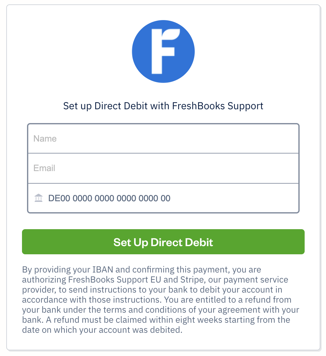Set up direct debit form with fields to fill out.