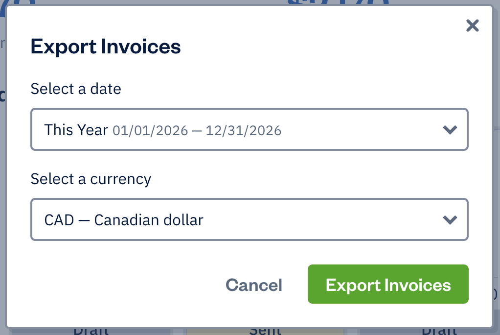Export invoices with dropdowns to select date range and currency.