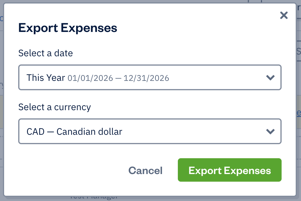Export expenses with dropdowns to selet date range and currency.