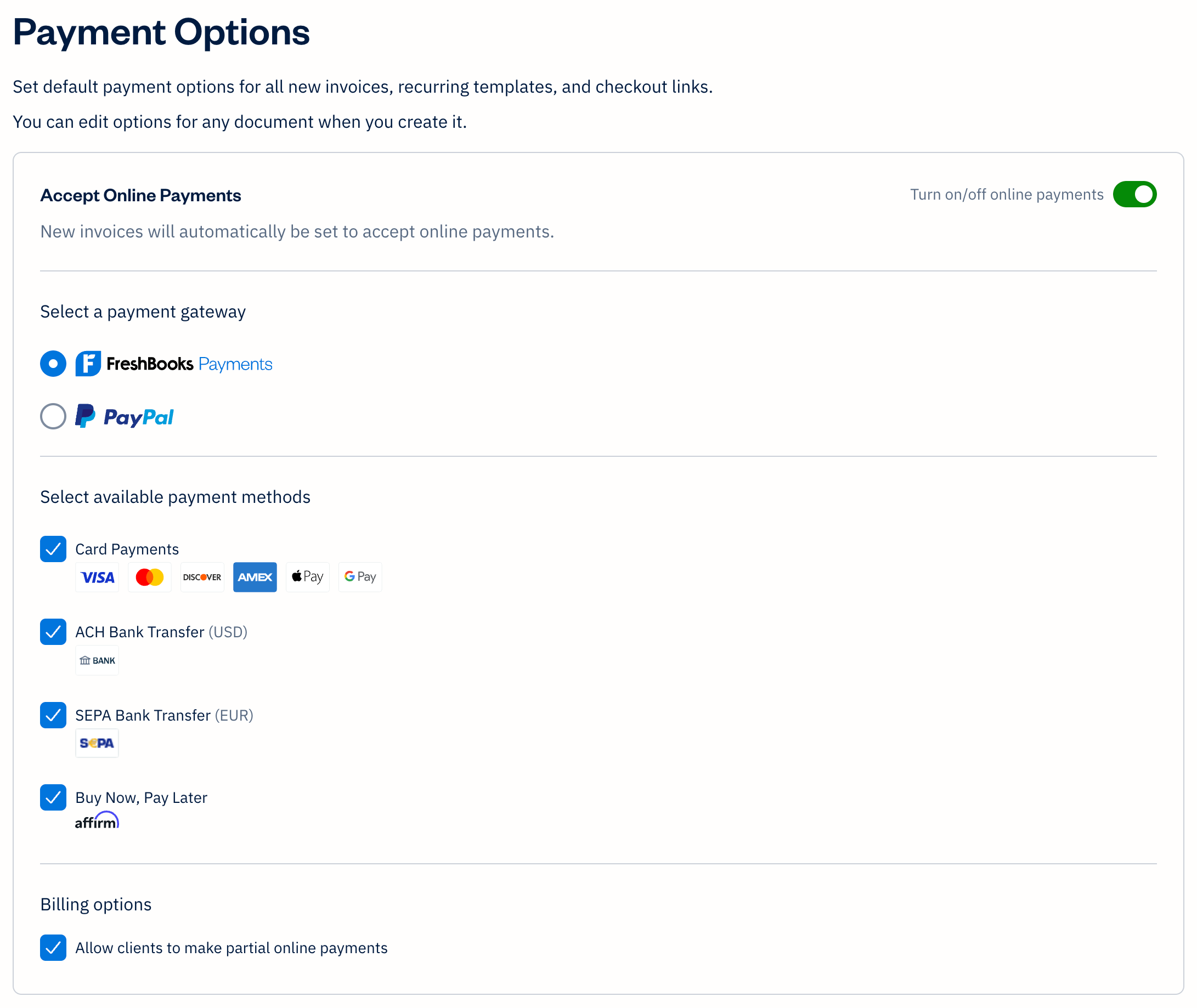 Payment options page with FreshBooks Payments and PayPal as options with checkboxes to check off or uncheck.
