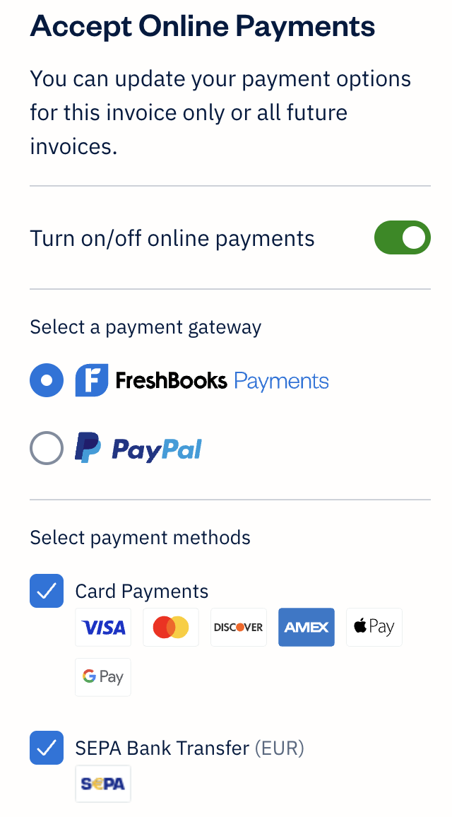 Accept online payments with card payments and SEPA Bank Transfer options checked off.