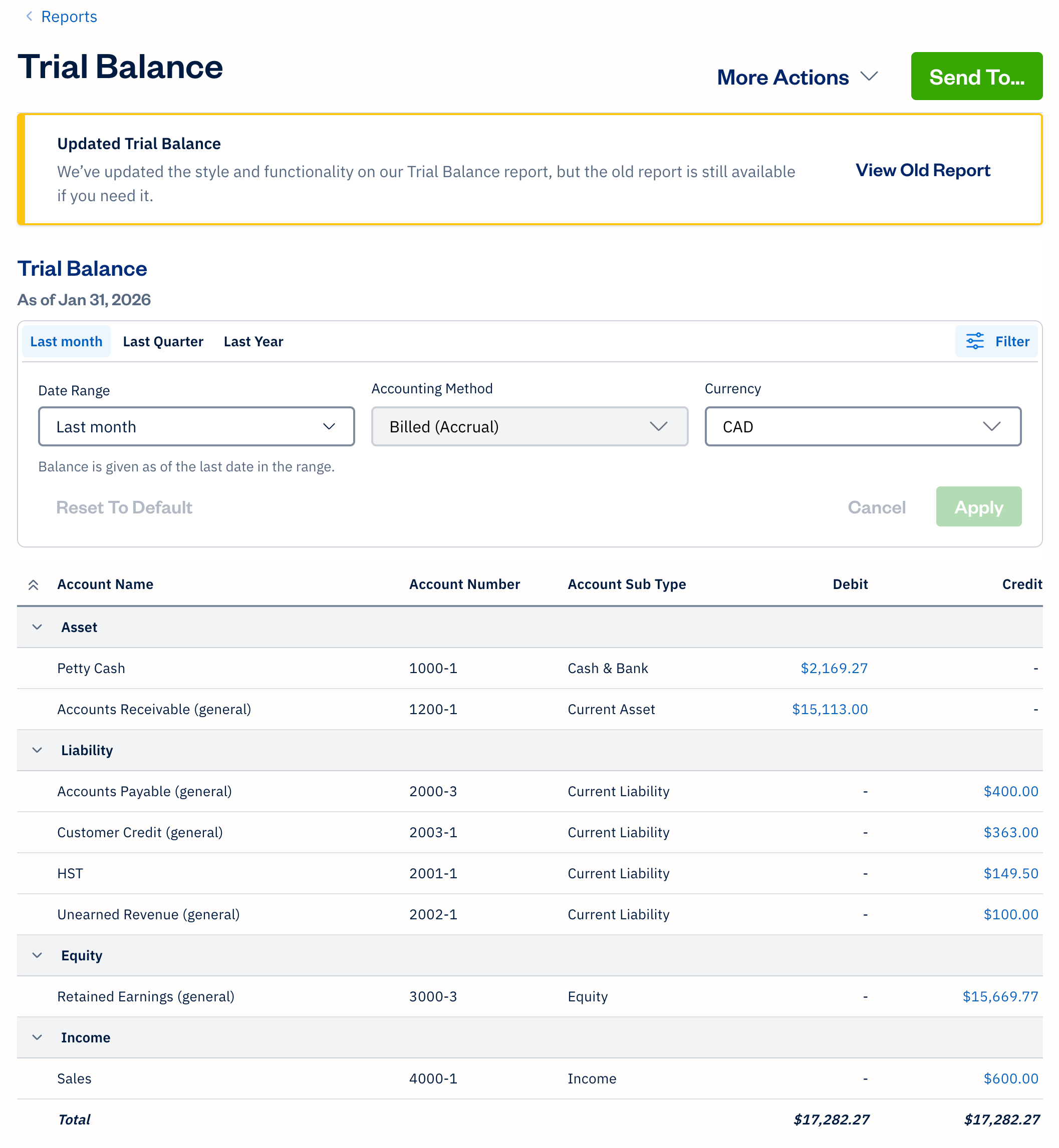 Trial balance report with filters displayed