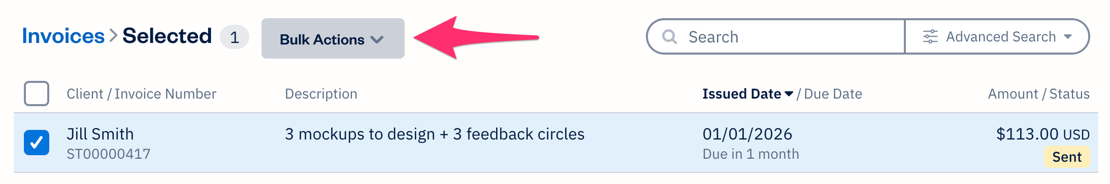 Bulk actions button above list of invoices with one invoice checked off.
