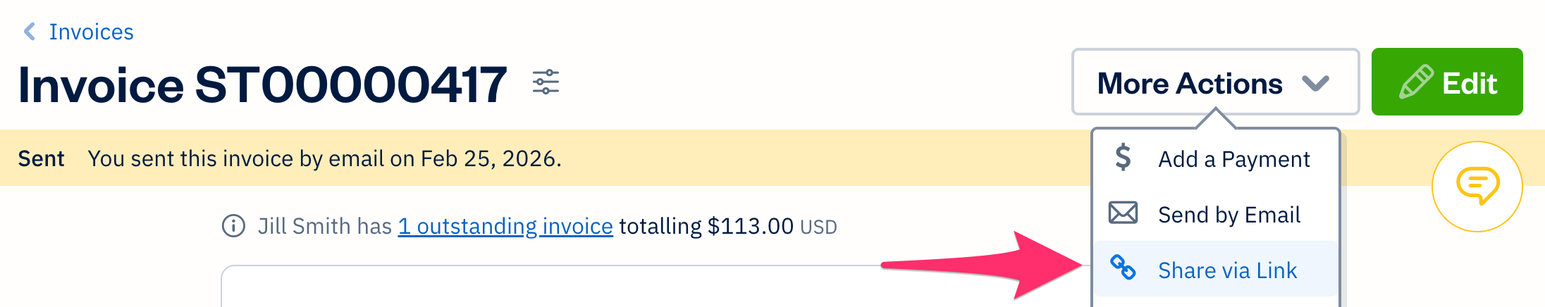 Invoice with share via link button selected under more actions menu.