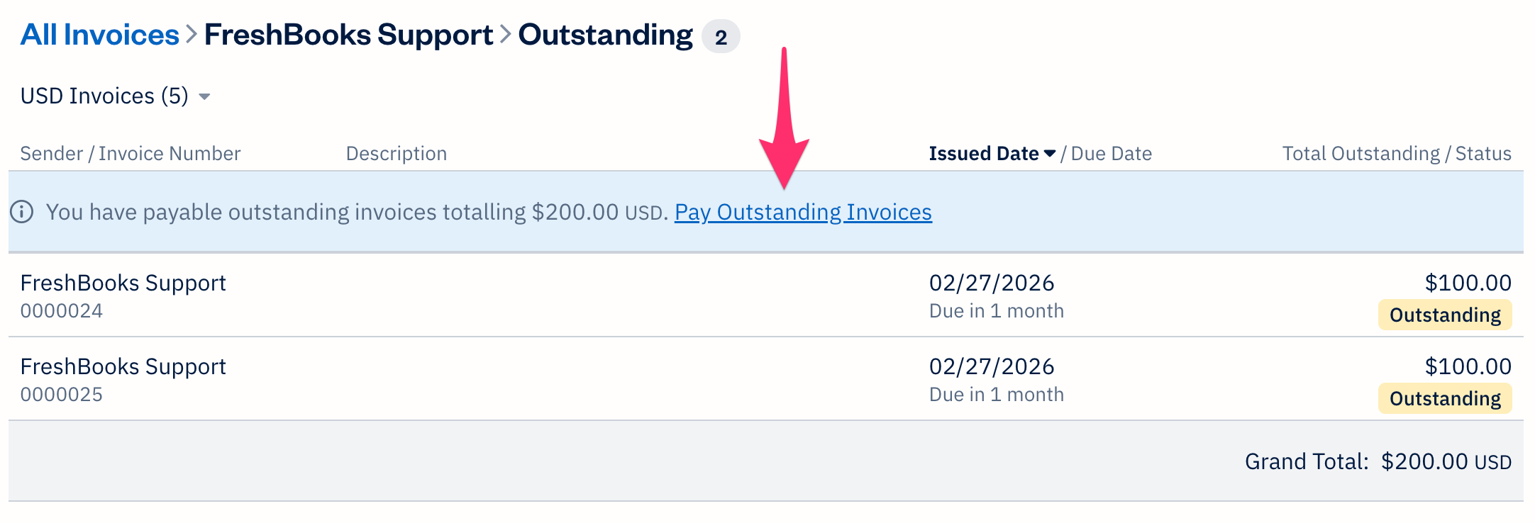Pay outstanding invoices link above list of invoices.