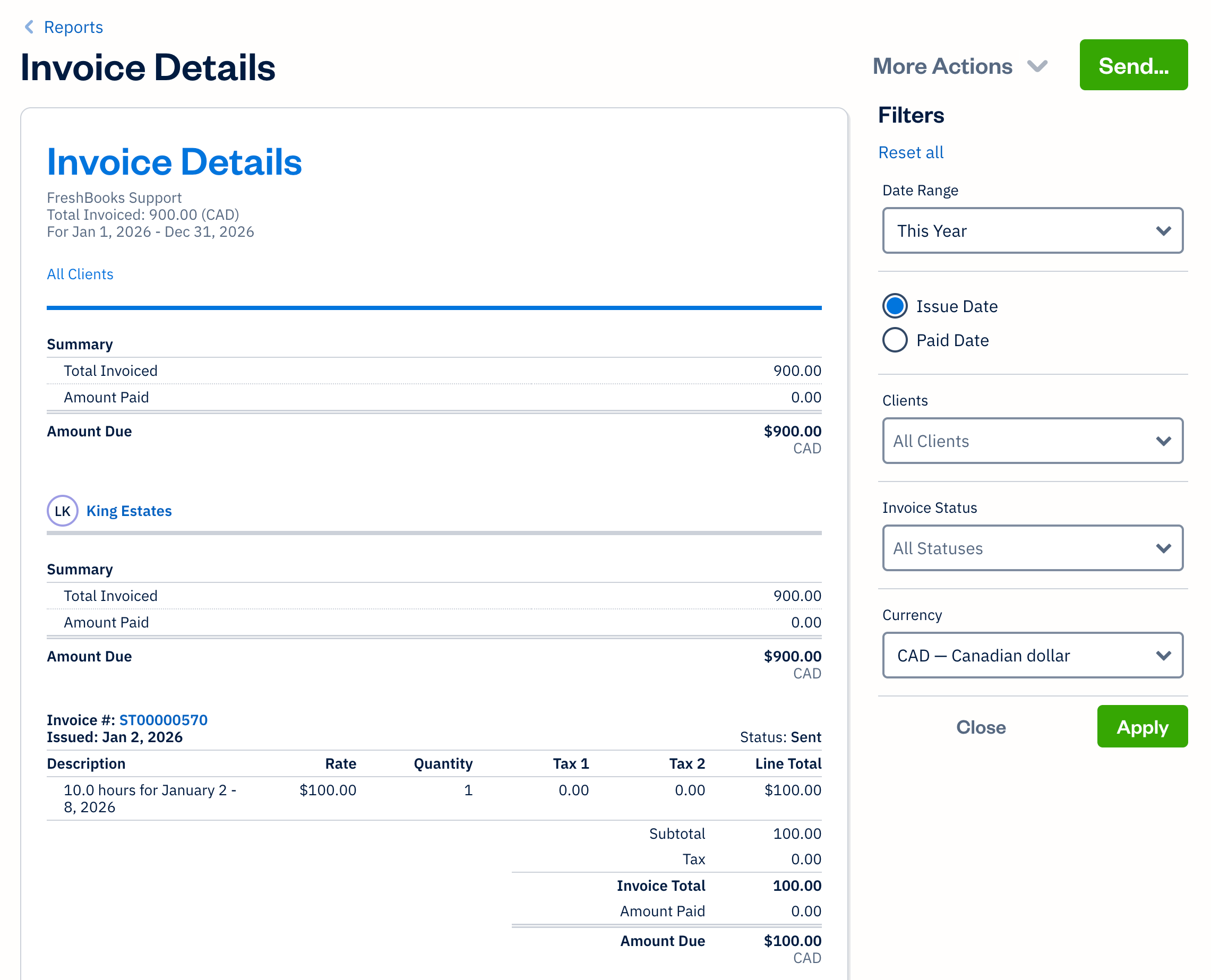 Invoice details report with filters available.