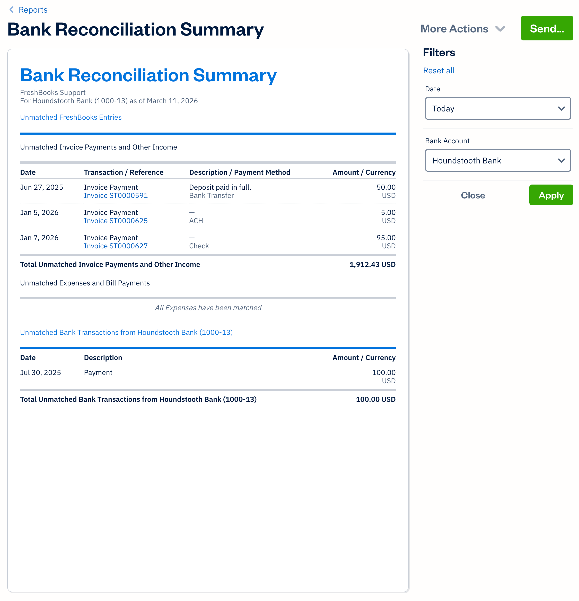 Bank reconciliation summary report with filters available.