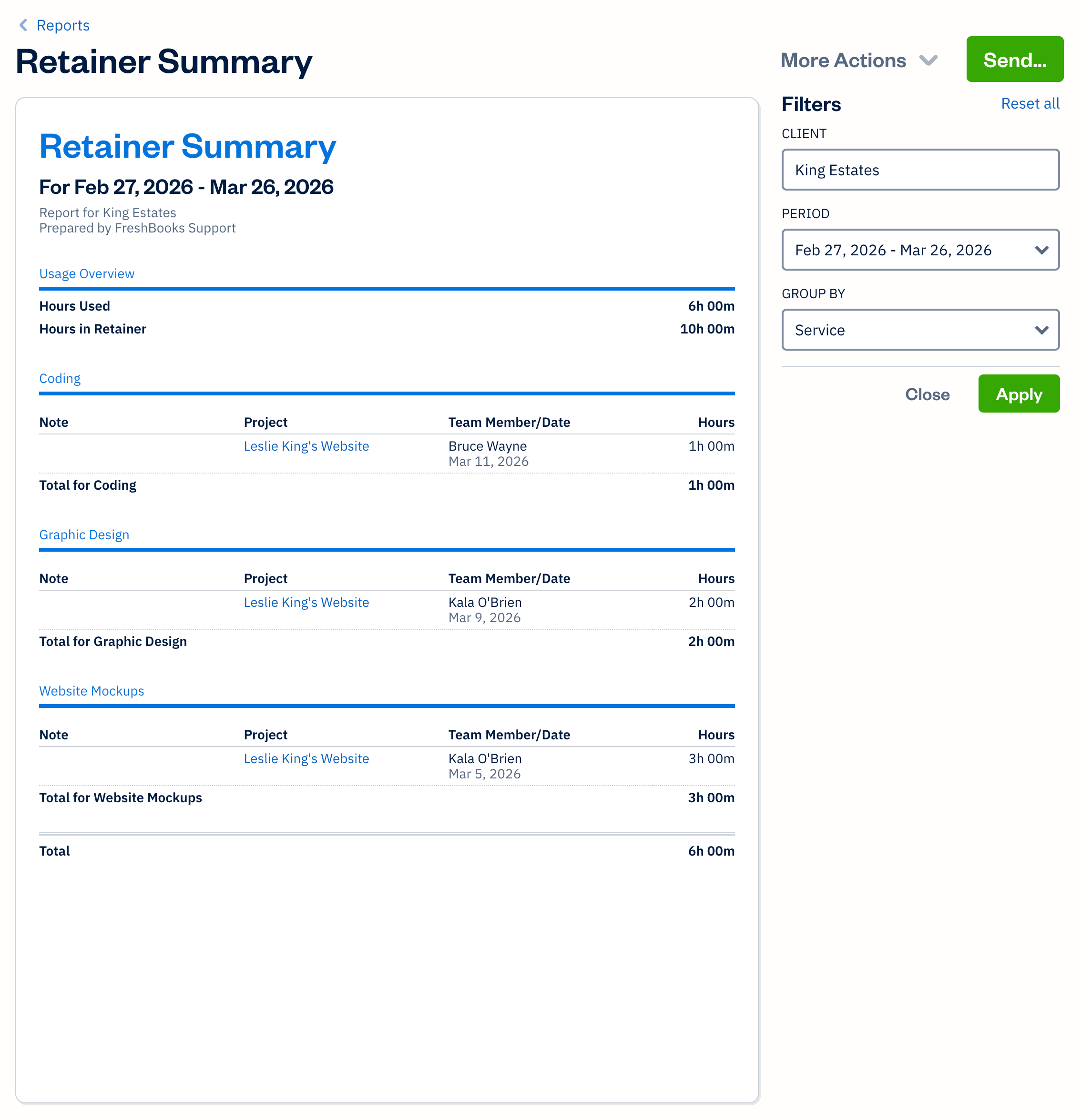 Retainer summary report with filters available.
