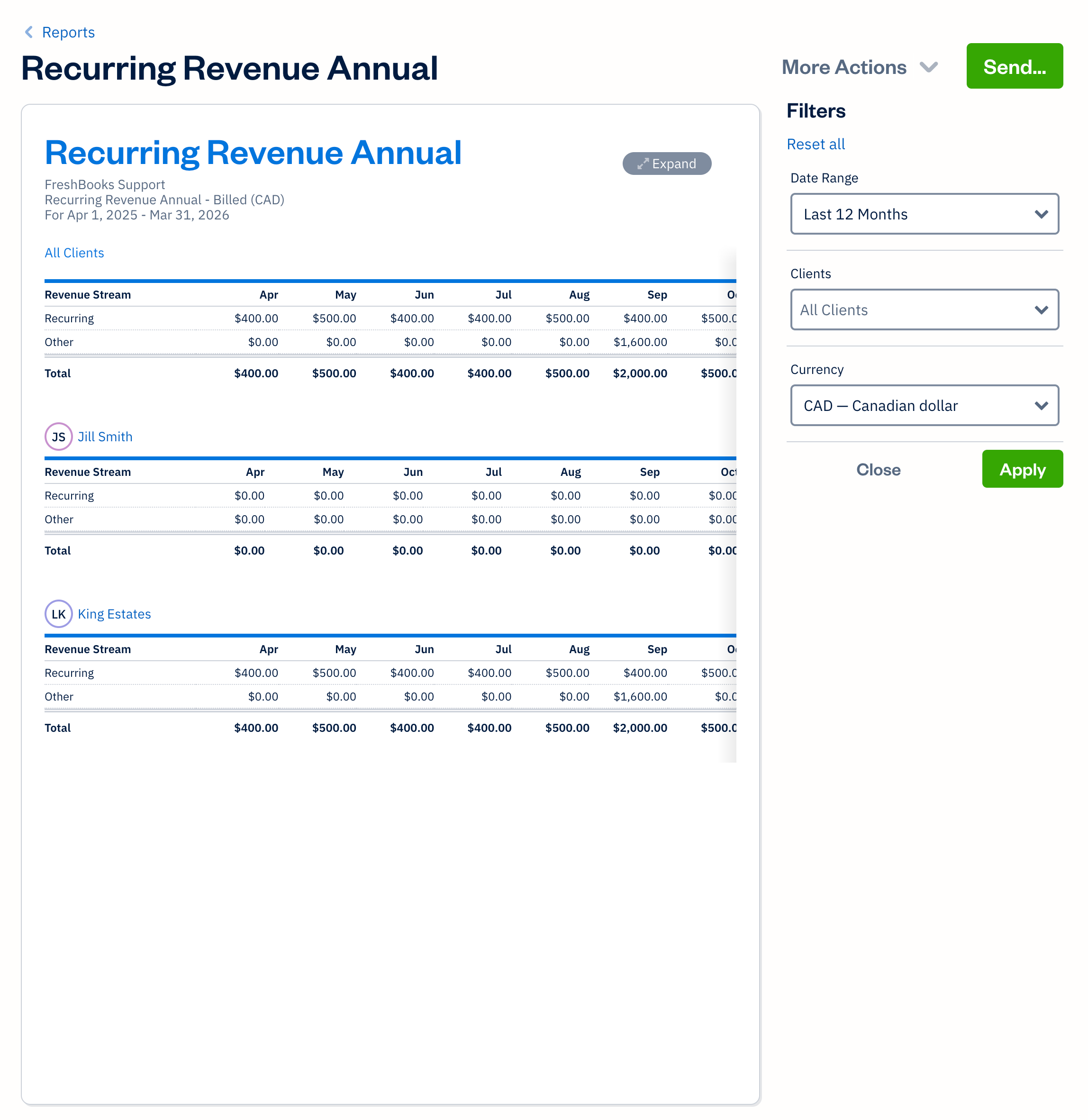 Recurring revenue annual report with filters available.