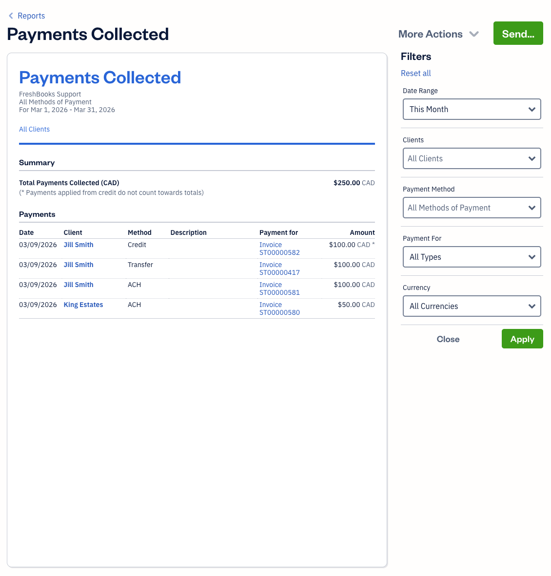 Payments collected report with filters available.