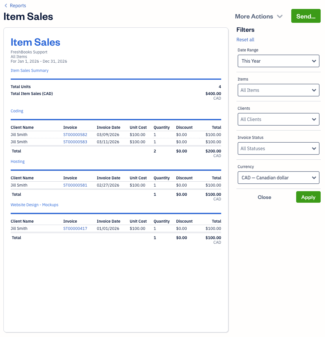 Item sales report with filters available.