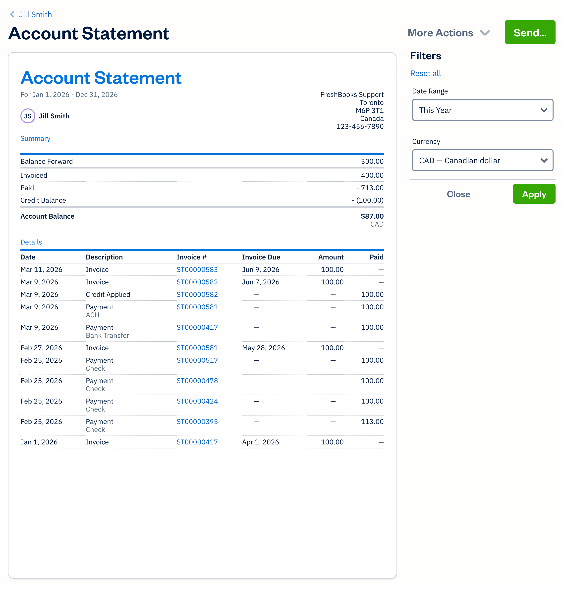 Client account statement for specific client with filters available.