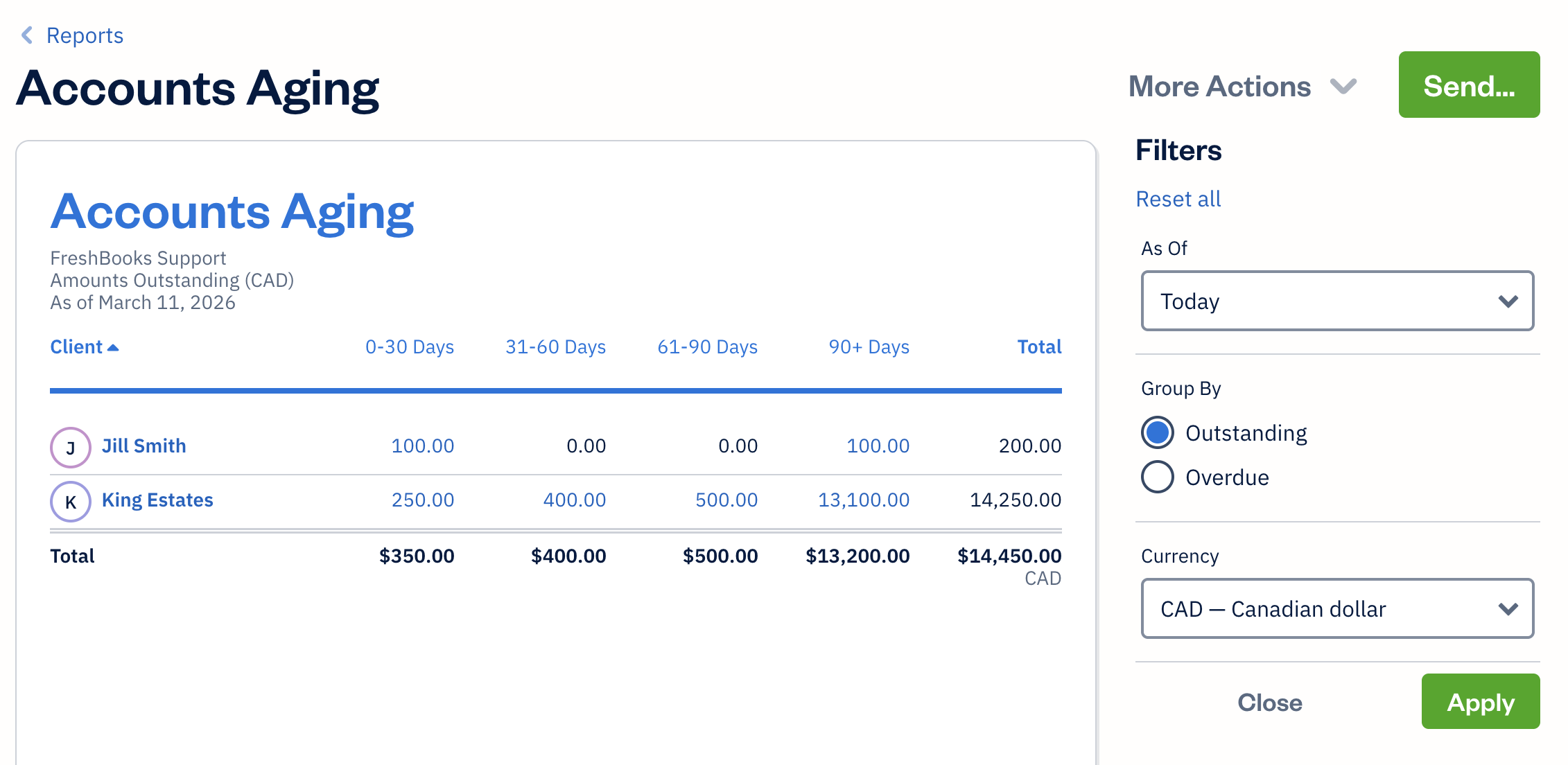 Accounts aging report with filters available.