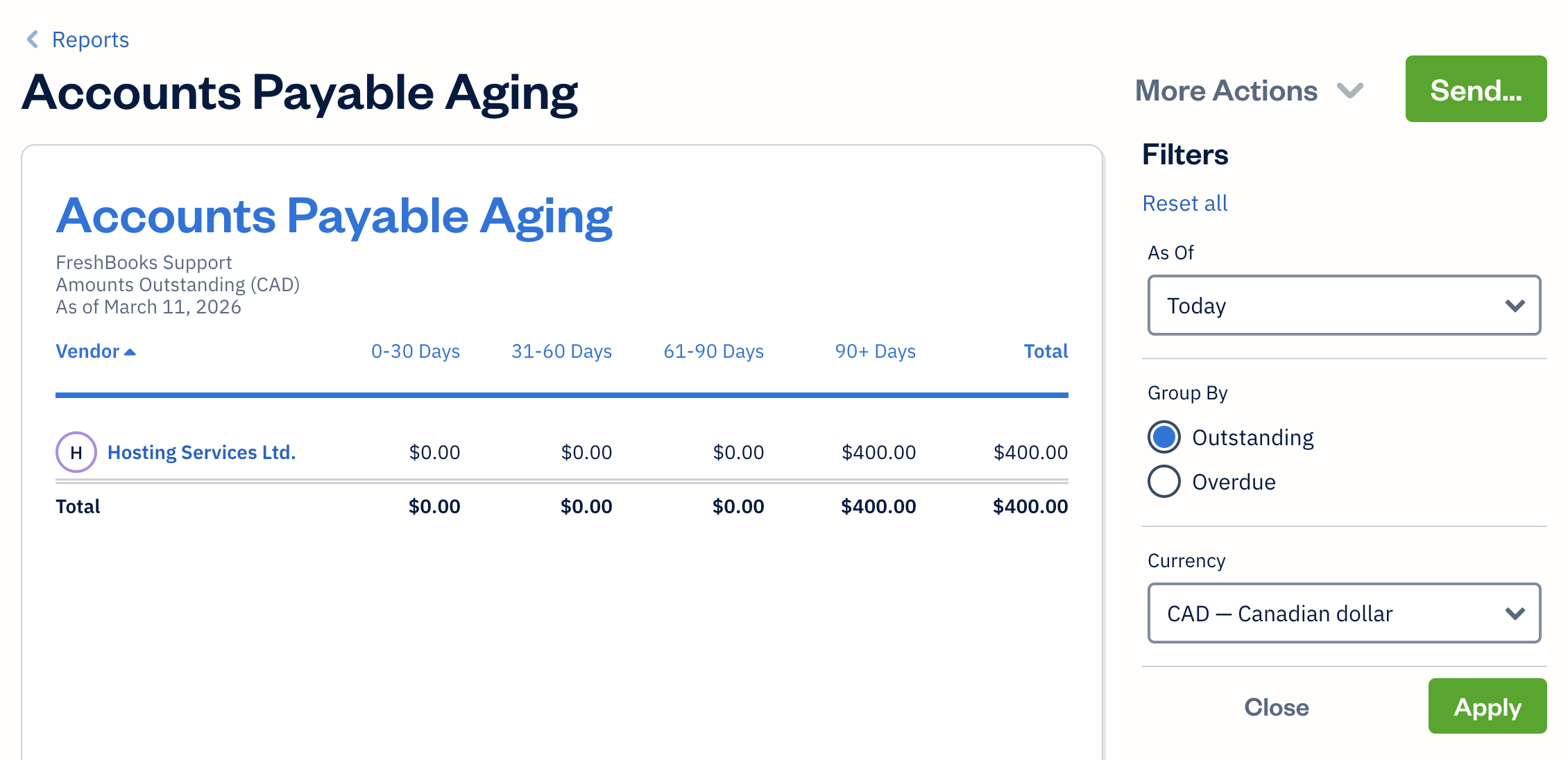 Accounts payable aging report with filters available.