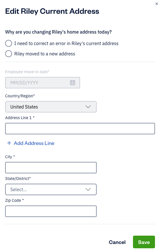 Edit team member's current address pop-up with fields to fill out.