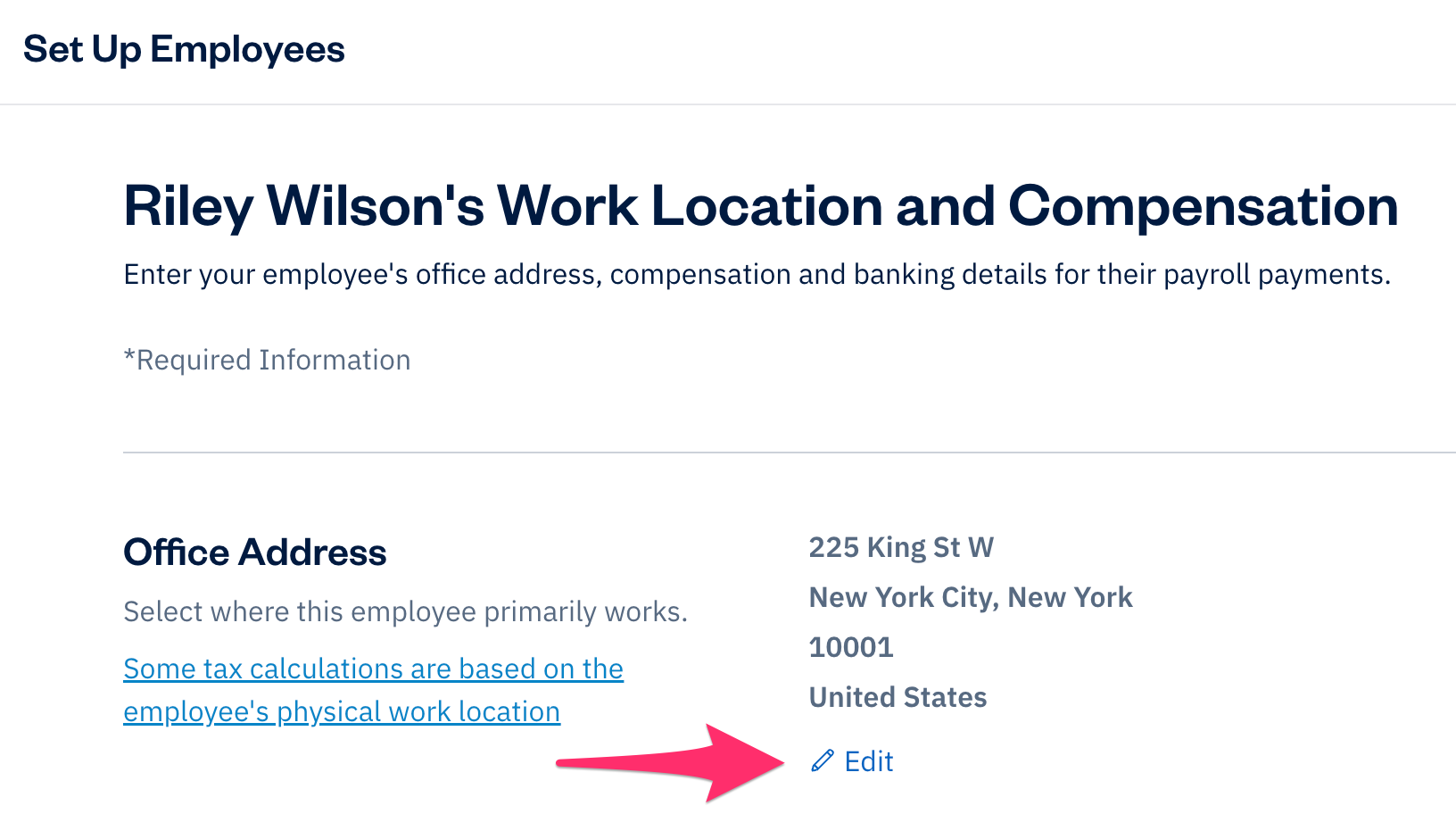 Team member's work location and compensation section with edit link next to office address selected.