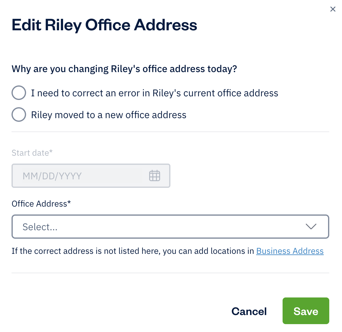 Edit team member's office address pop-up with fields to fill out.