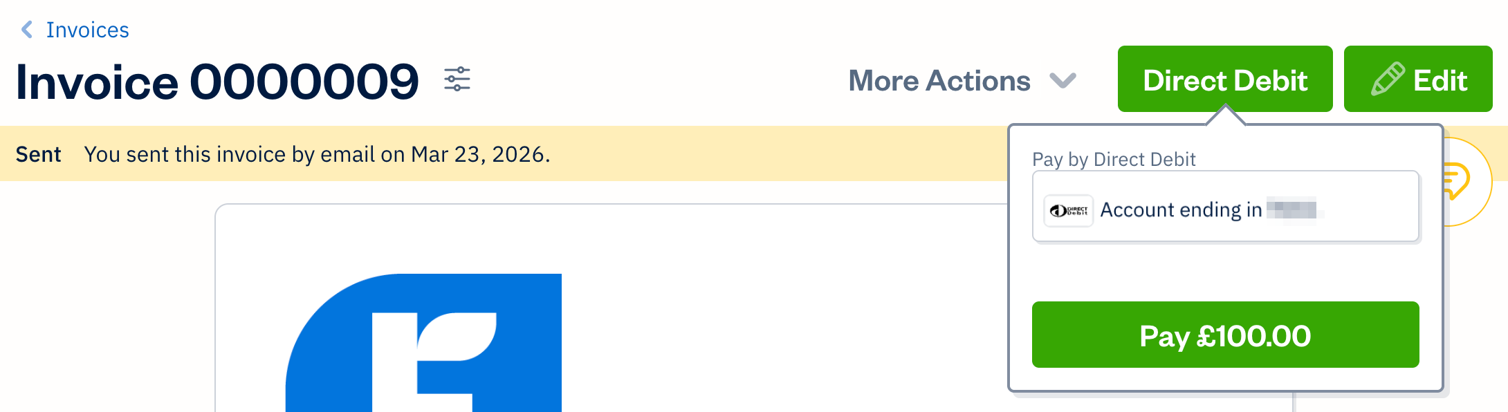 Direct debit button above invoice.