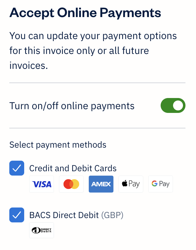 Accept online payments with card payments and BACS Direct Debit options checked off.