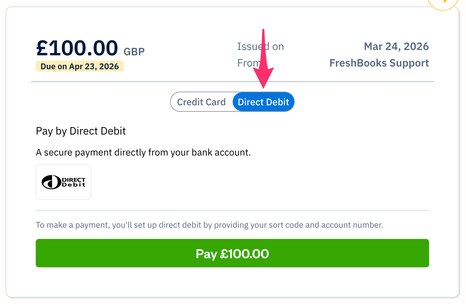 Direct debit tab on payment form of invoice.