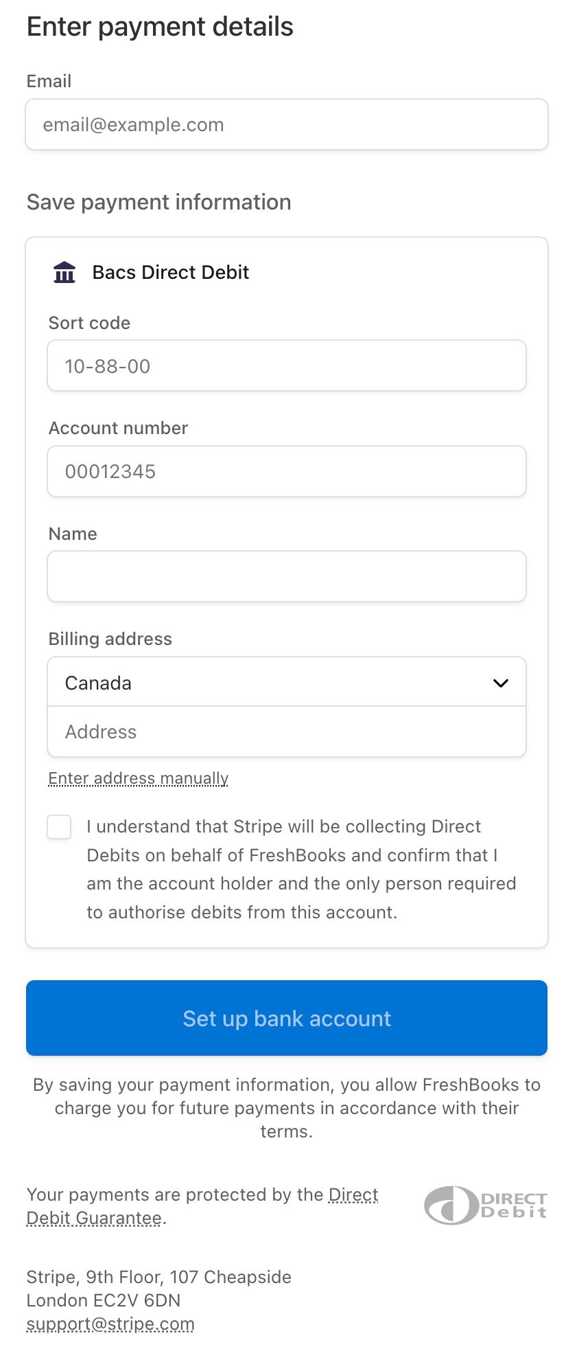 Direct debit set up form with fields to fill out.