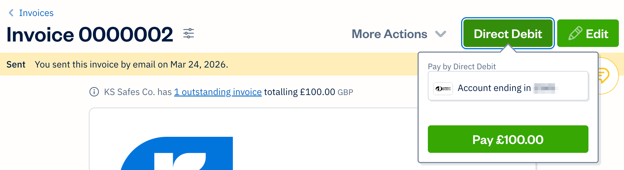 Direct debit button above invoice.