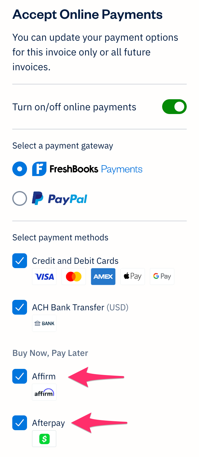 Accept online payments with card payments, bank transfer, and both buy now, pay later options checked off.