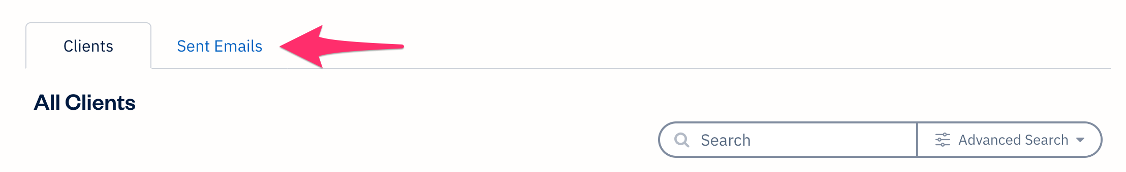 Sent Emails sub-tab in Cients section.