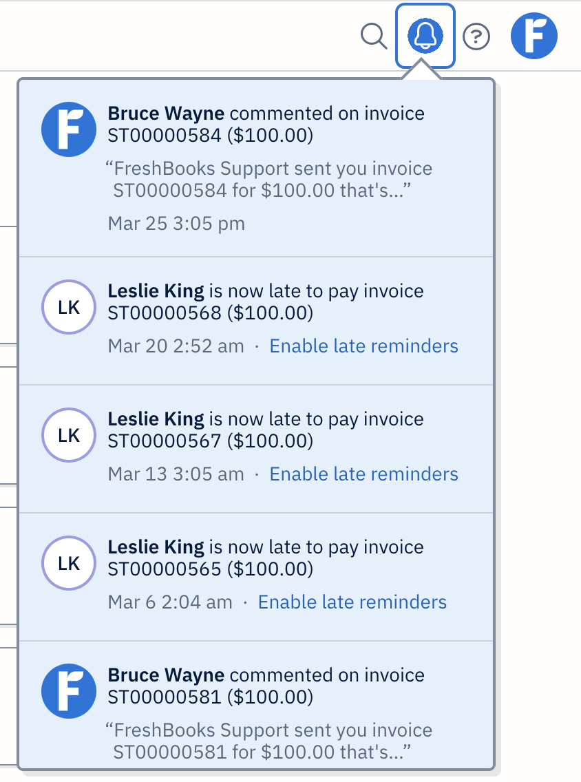 List of notifications in dropdown below bell icon.
