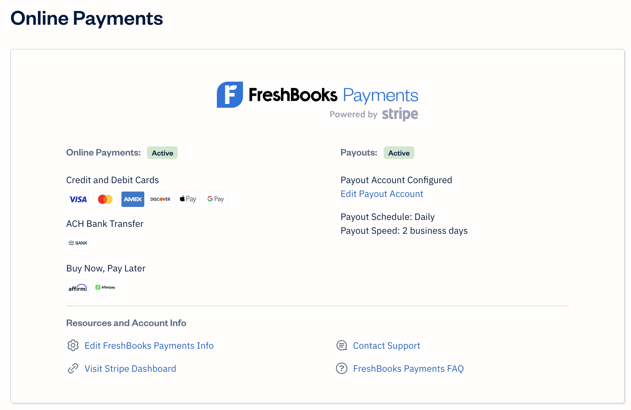 FreshBooks Payments account with information displayed in online payments settings.