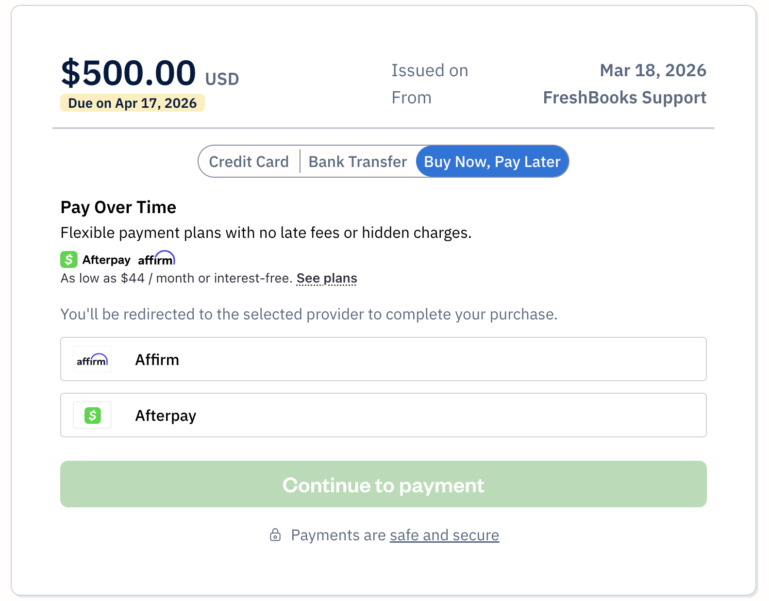 Invoice with buy now, pay later tab selected and both Affirm and Afterpay options available to select.