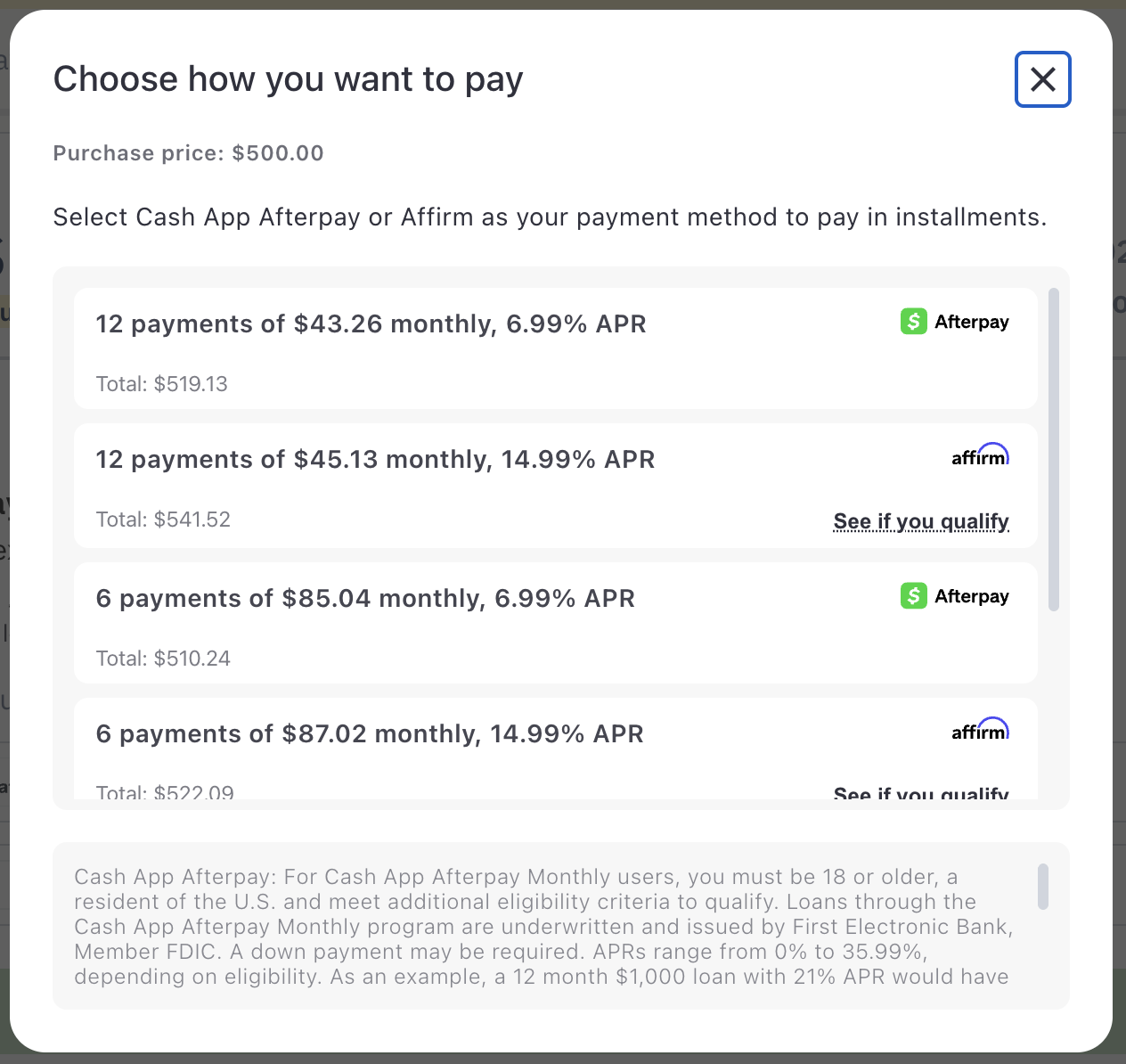 Choose how you want to pay pop-up with 4 different payment plans available with more available.