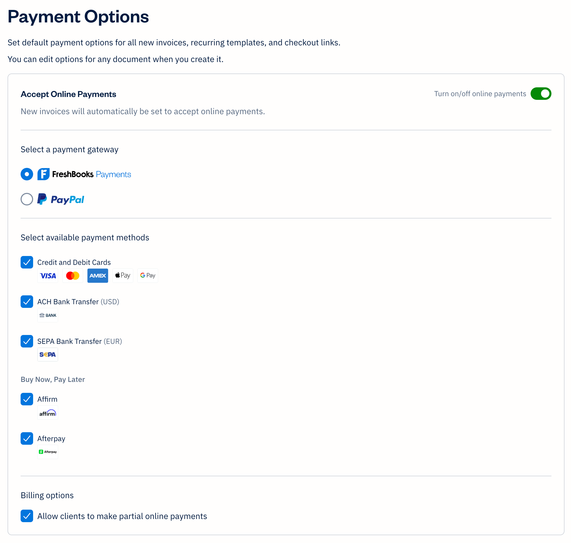 Payment options page with FreshBooks Payments and PayPal as options with checkboxes to check off or uncheck.