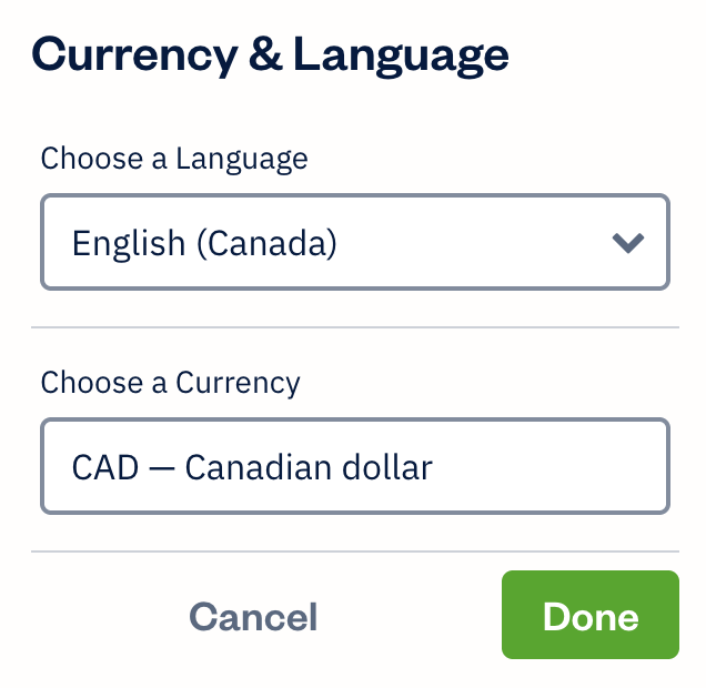 Client settings with dropdowns for currency and language options.
