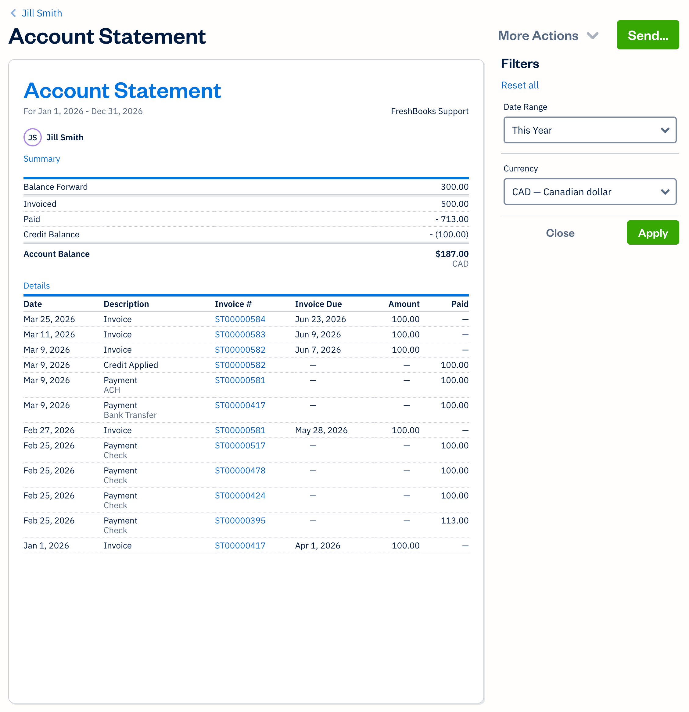 Client account statement for specific client with filters available.