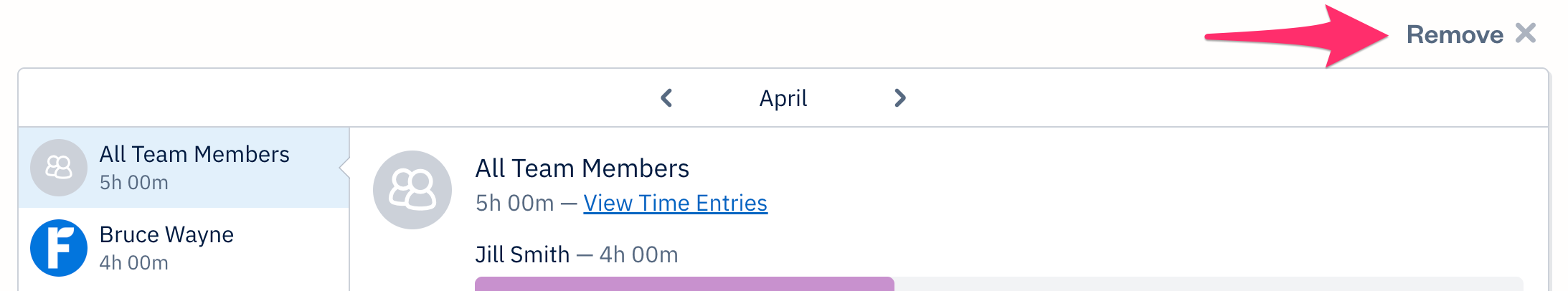 Team Time Summary with Remove button visible in top right corner.