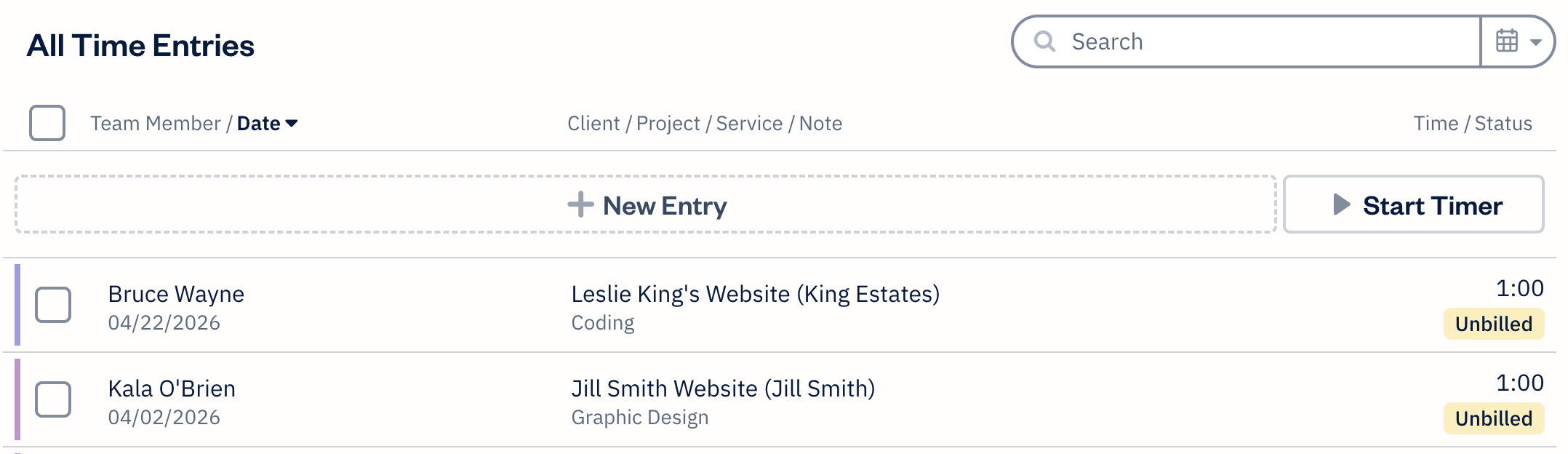 All time entries with list of time entries available.