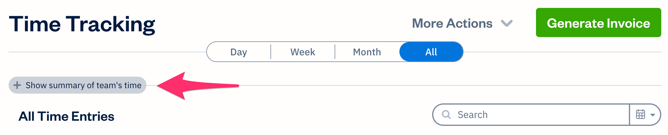 Show summary of team's time button available to select above All Time Entries list.